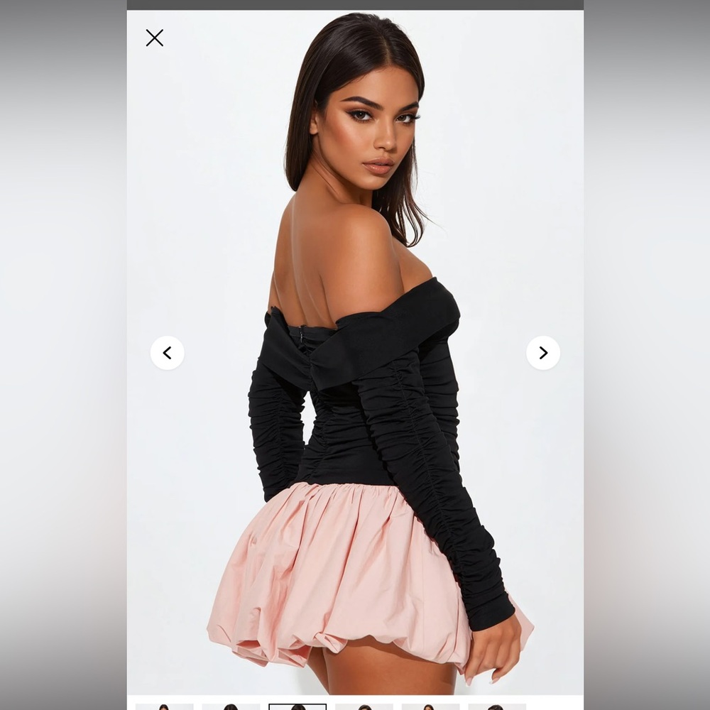 Adrianne Ruched Off Shoulder Bubble Mini Dress - Black/pink combo